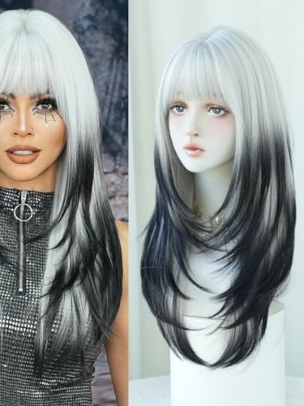 25Inch Long Straight Layered Wig with Bangs Heat Resistant Black White Ombre